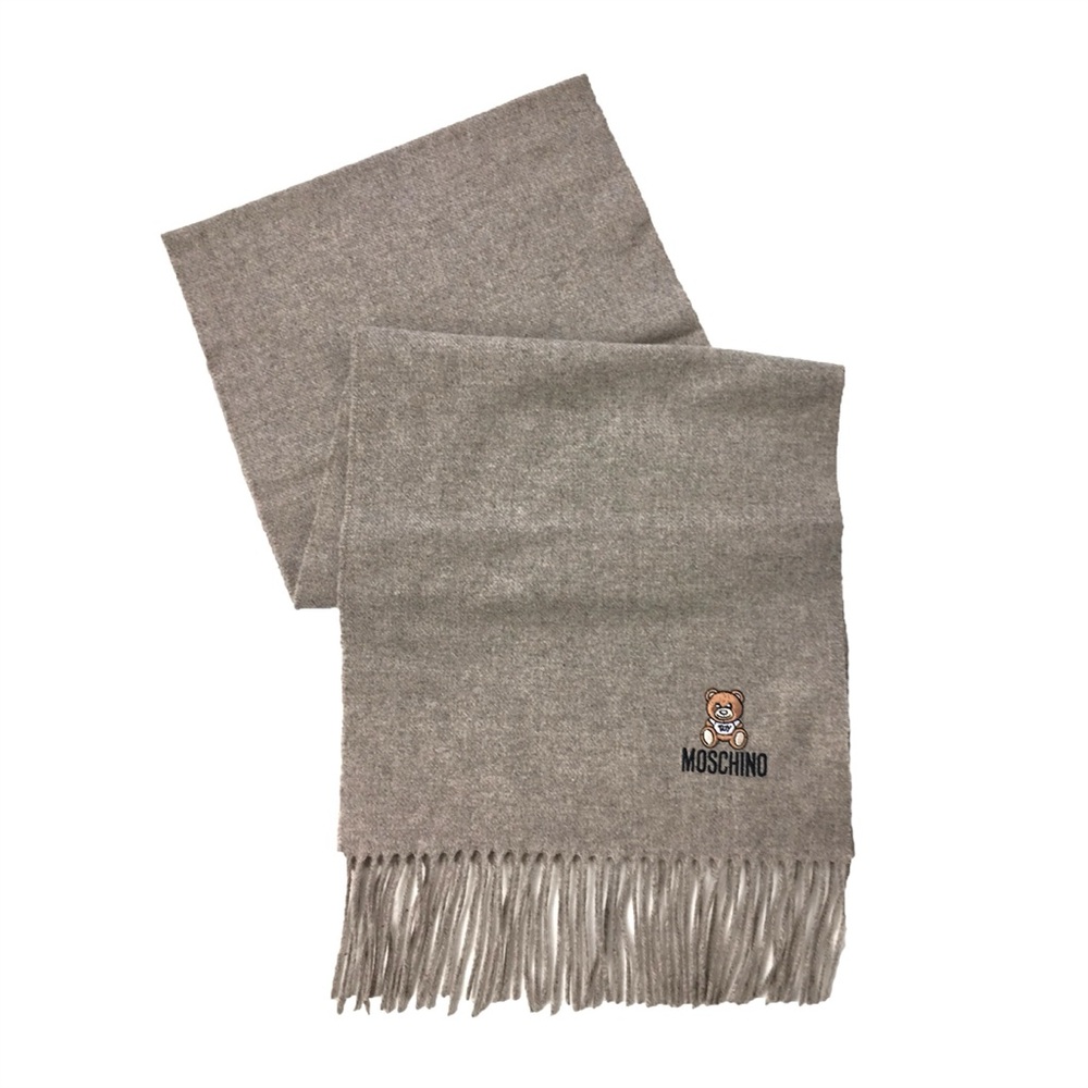 Moschino Bear Logo Fringe Long Unisex Wool Scarf light tan